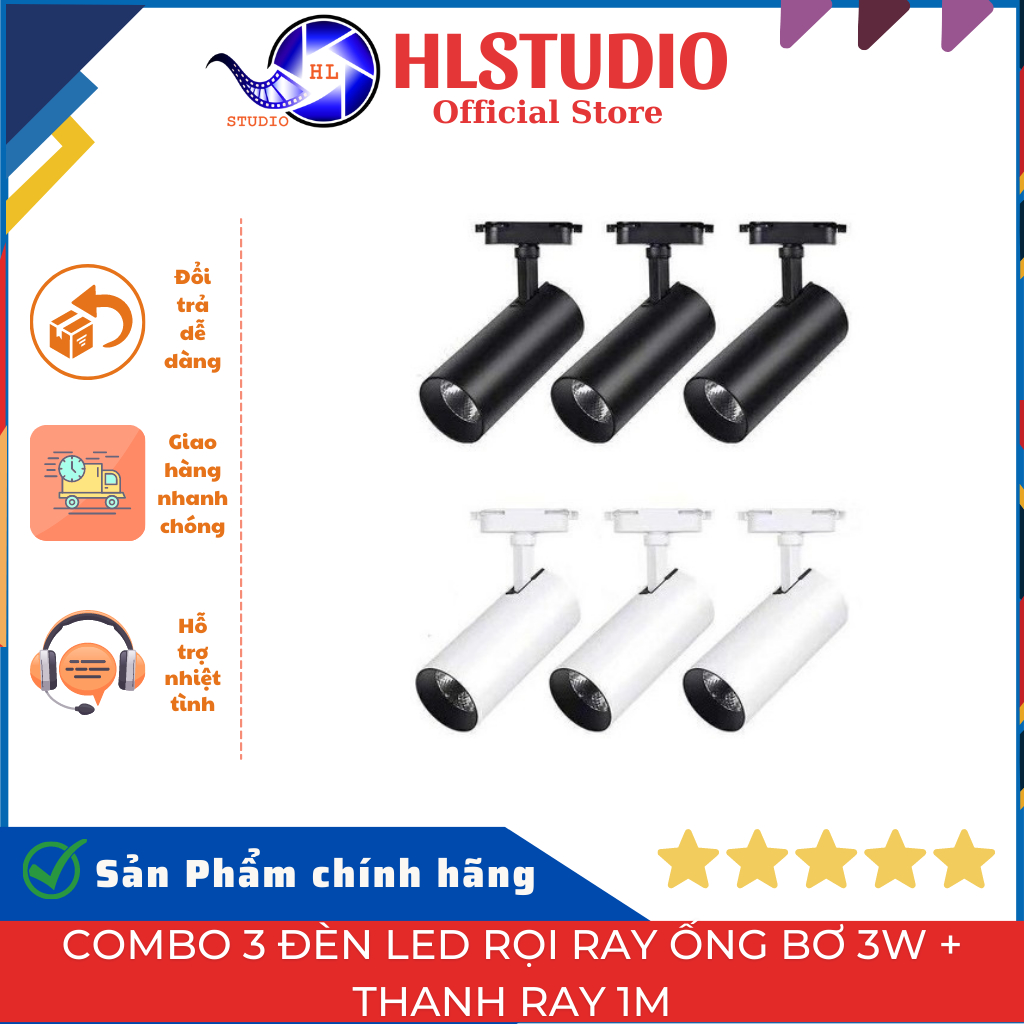 Combo 3 đèn led rọi ray ống bơ 3w + thanh ray 1m