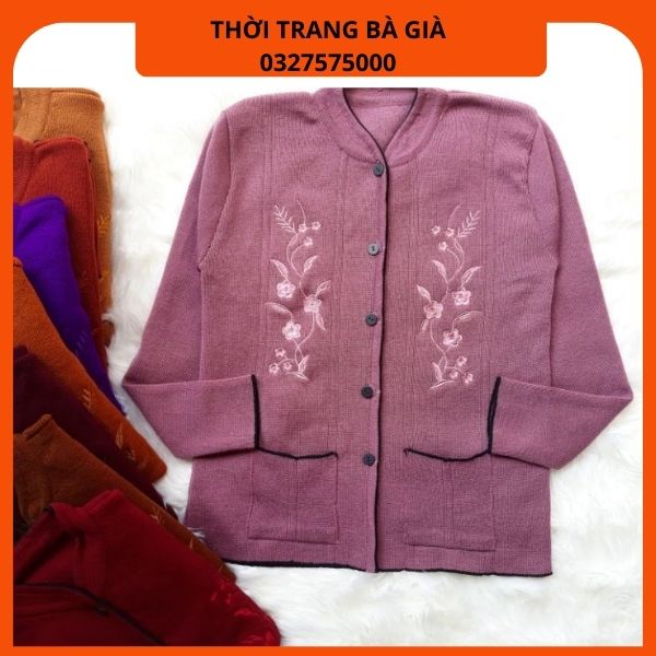 Áo Len Thêu Hoa Mai Cài Cúc Cho Bà Chất Len Mỏng (Giành cho bà 40_58kg)