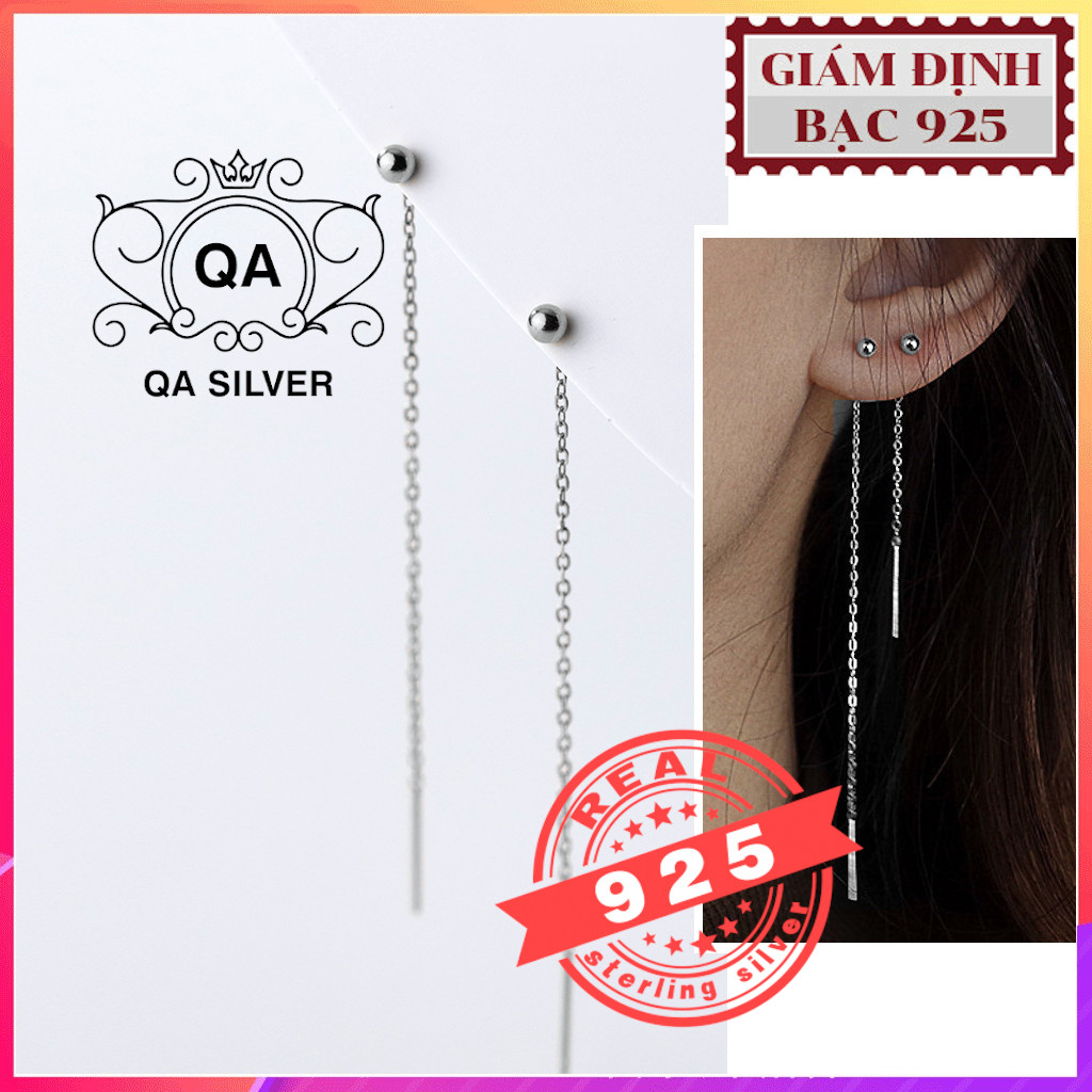 Khuyên tai bạc 925 dáng dài bi tròn bông nữ tua xích S925 CHAIN QA SILVER Earrings EA170101