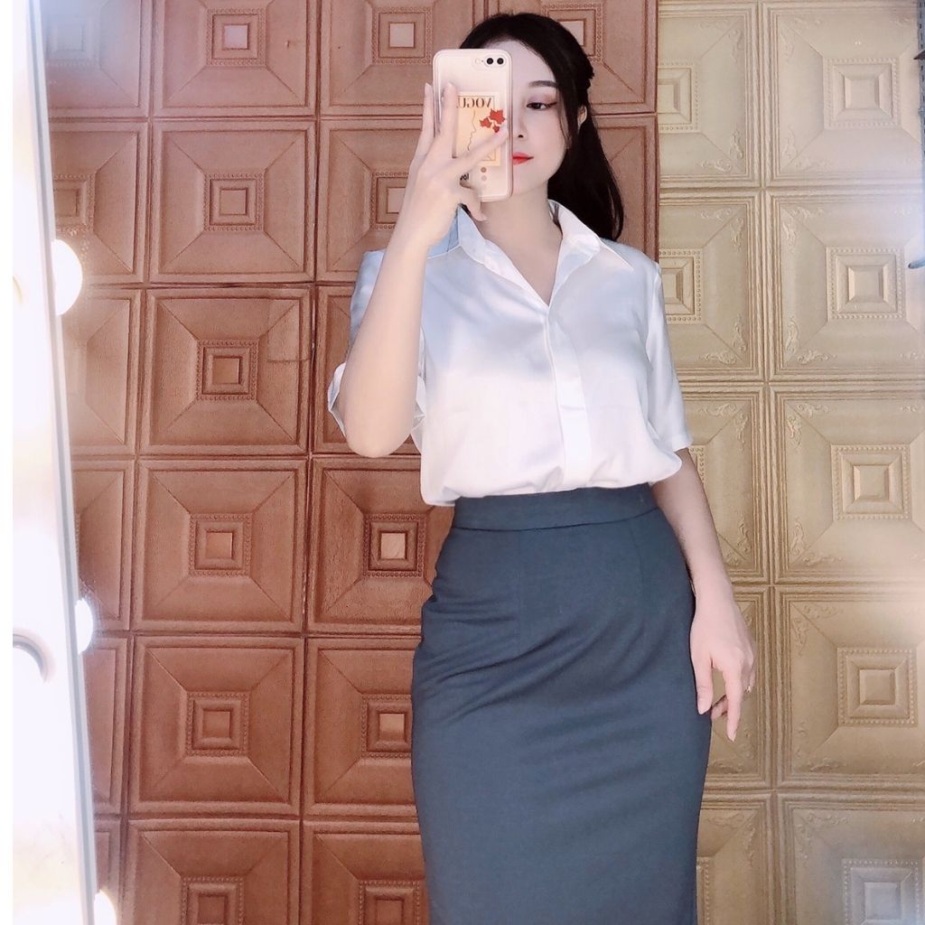 Sơ mi lụa nữ, công sở ngắn tay, màu trắng, đen, kiểu hàn quốc, chất lụa mịn mát, có co giãn