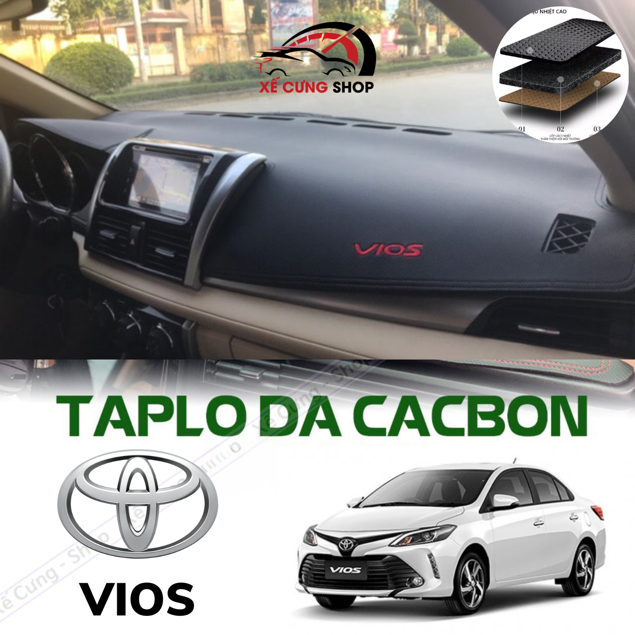 Thảm Taplo Da Cacbon Vios Đời 2008 -2024 Cao Cấp