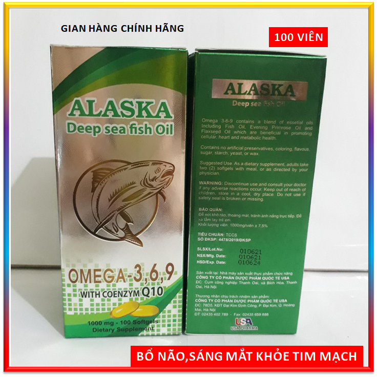 Viên uống dầu cá hồi omega 369 alaska omega369 coenzym q10 - giúp sáng mắt - đẹp da - tốt cho não -100 viên