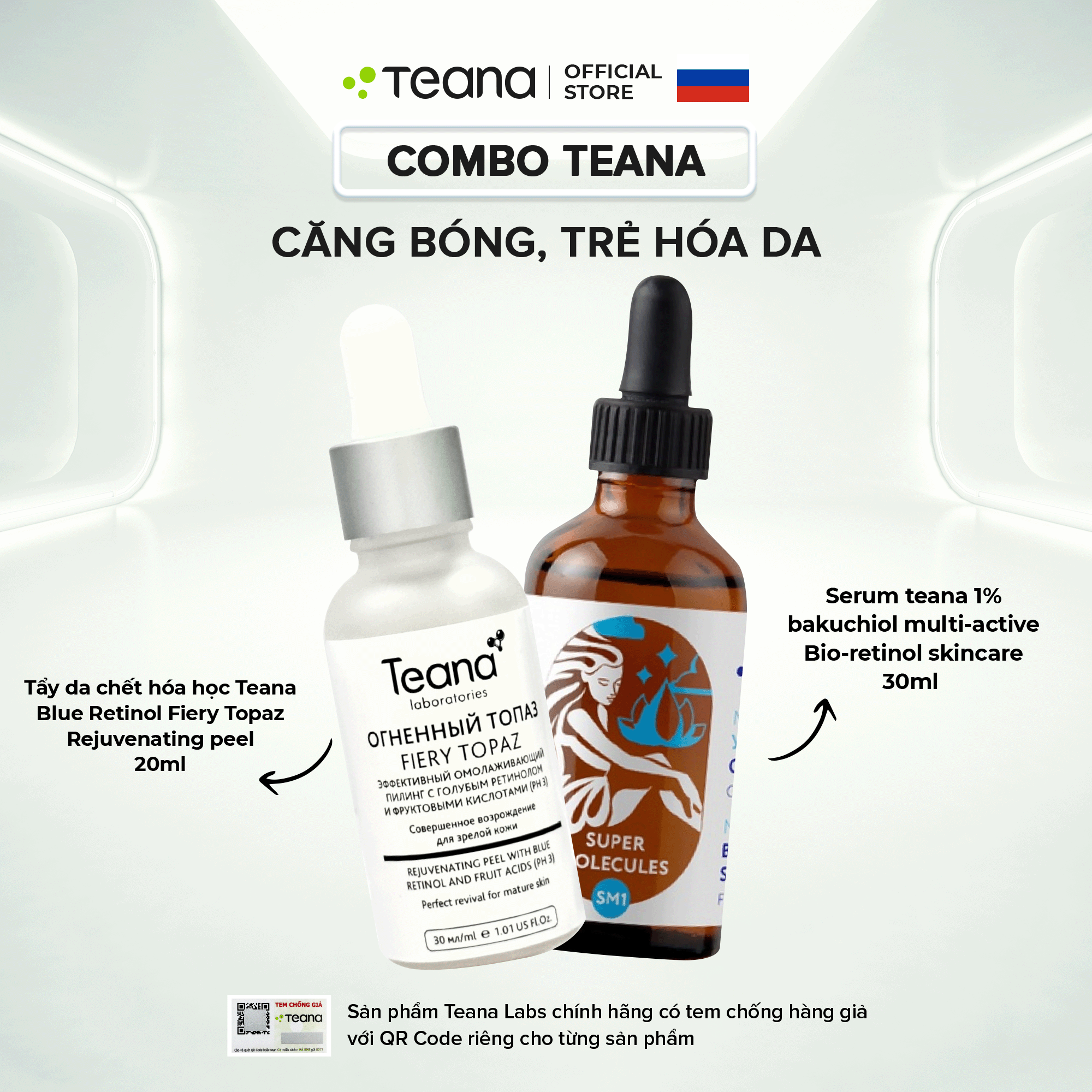 Combo Teana căng bóng, trẻ hoá da (Peel Teana Blue Retinol + Serum Teana SM1 1% Bakuchiol)