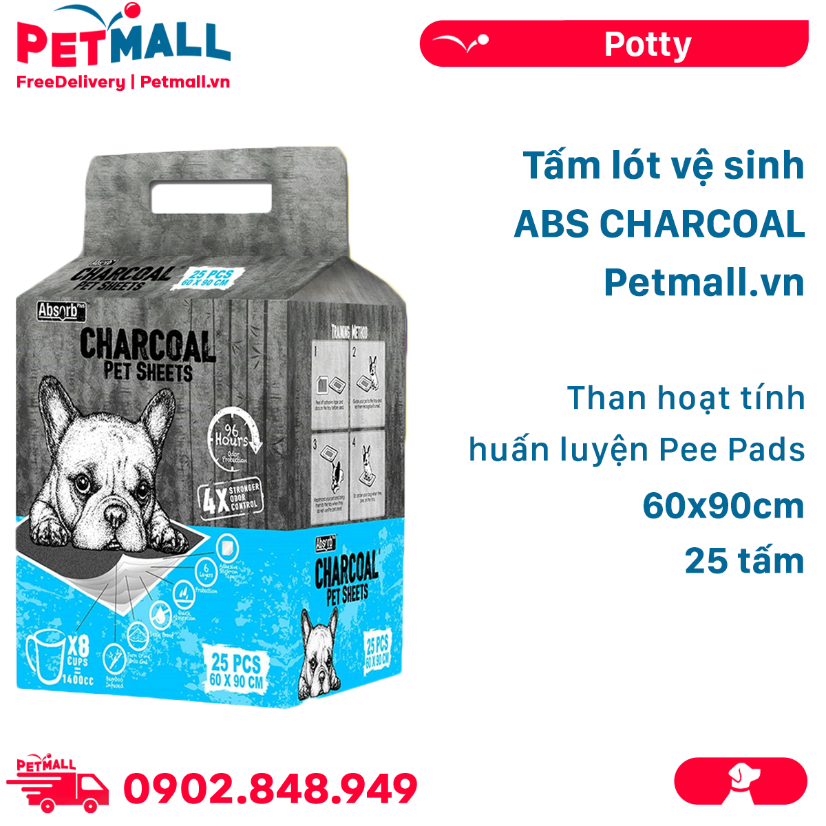 Tấm lót vệ sinh ABS CHARCOAL 60x90cm - 25 tấm than hoạt tính huấn luyện Pee Pads Petmall