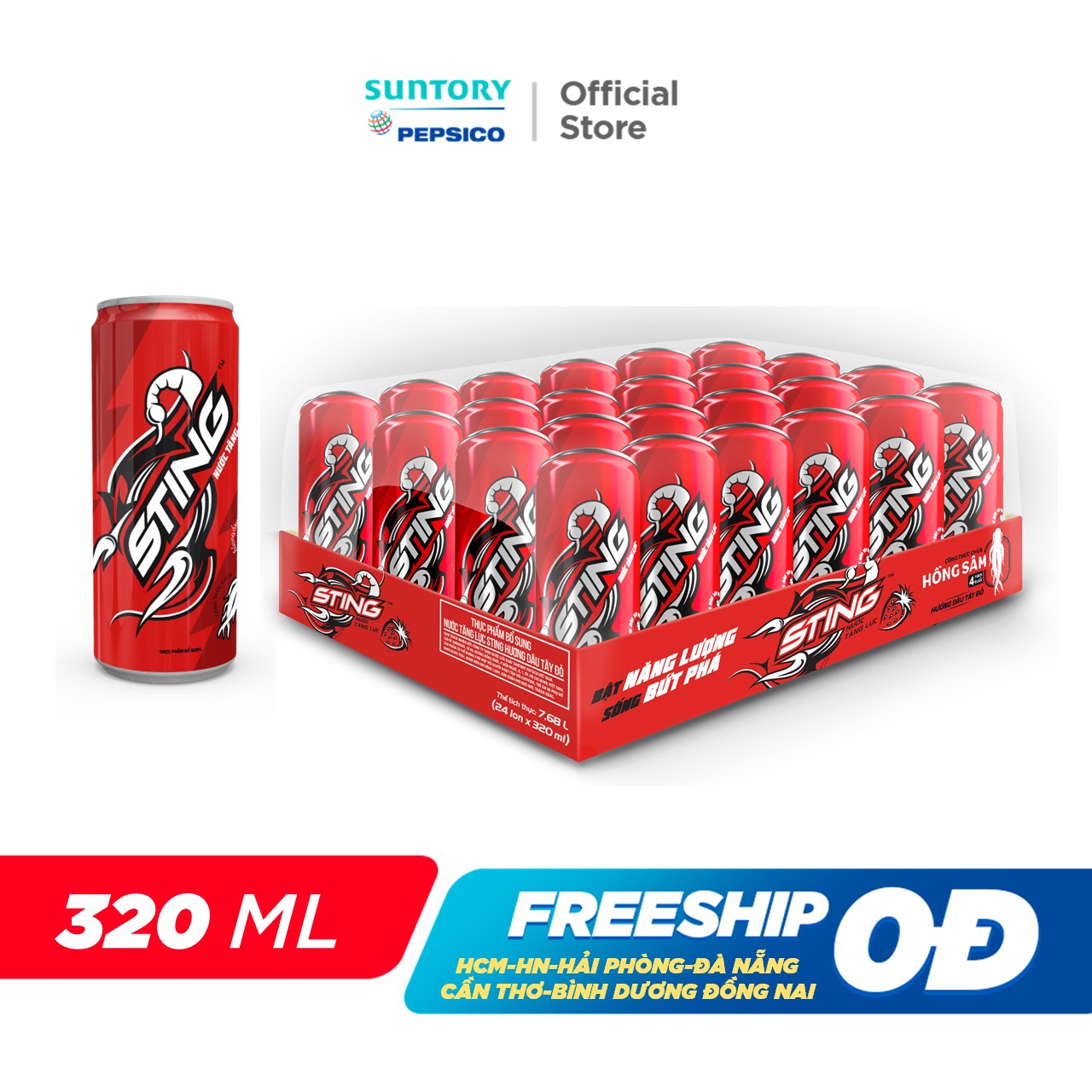 [SALE 6.6] Thùng 24 Lon Nước Tăng Lực Sting Dâu (320ml/lon)