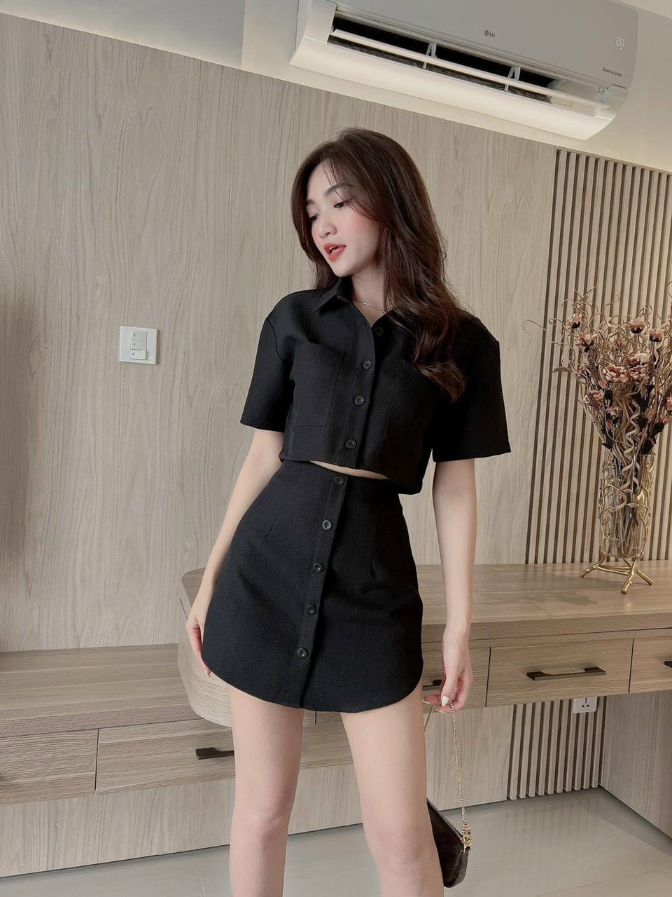 Set đầm sơ mi tiểu thư áo croptop chân váy A siêu xinh đính nút cực đẹp