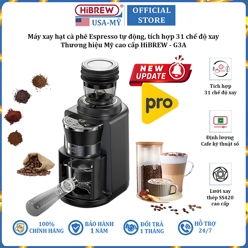 Automatic espresso coffee bean grinder, integrated 31 milling modes. US high end brand hibrew-G3a