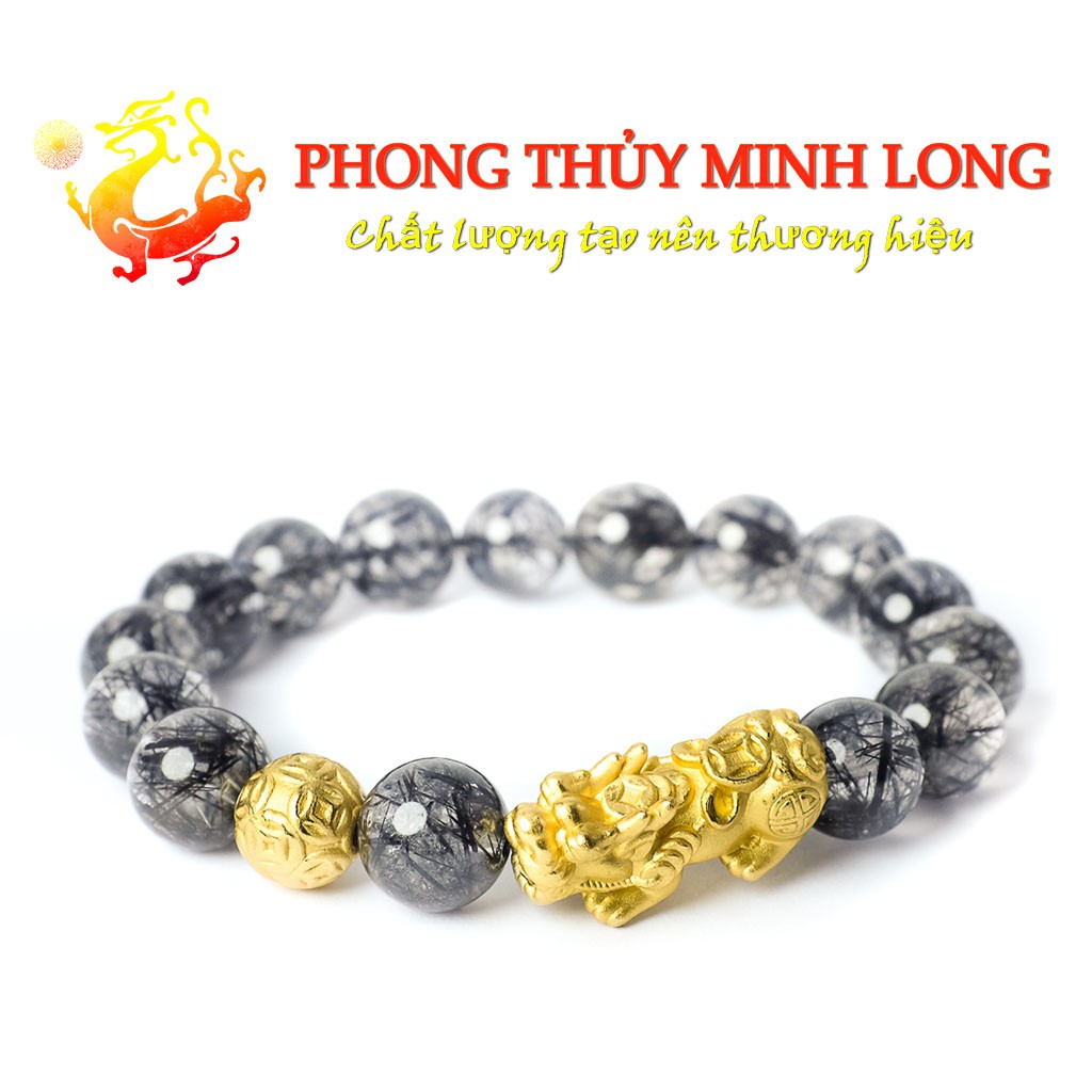 Vòng tay đá. thach anh tóc đen mix tỳ hưu và 1 hạt kim tiền vàng