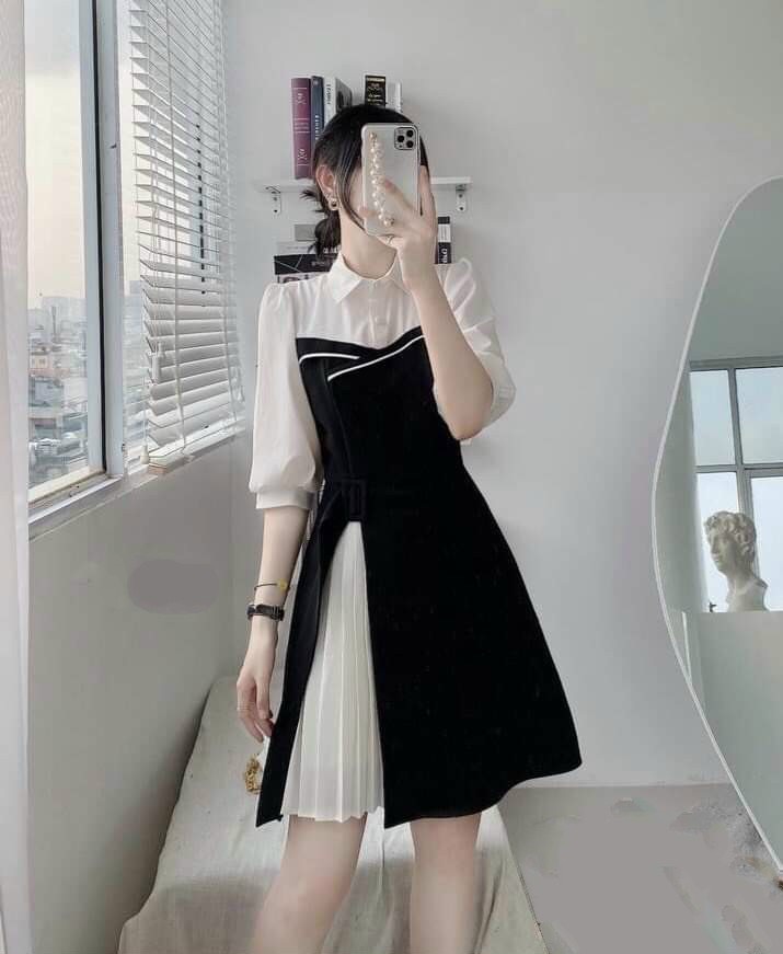 Đầm công sở đen phối trắng dập li xinh xắn Taris Dress