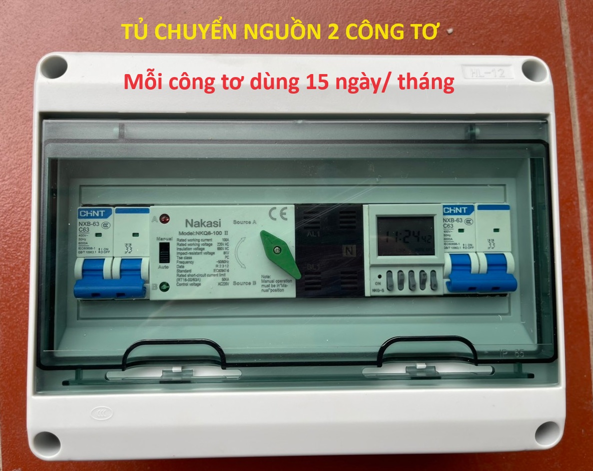 TỦ CHUYỂN NGUỒN TỰ ĐỘNG ATS 2P 100A - CHUYỂN NGUỒN TỰ ĐỘNG 2 CÔNG TƠ - mỗi công tơ dùng 15 ngày một tháng