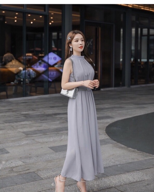 [HCM]ĐẦM MAXI XÁM KÈM NỊT