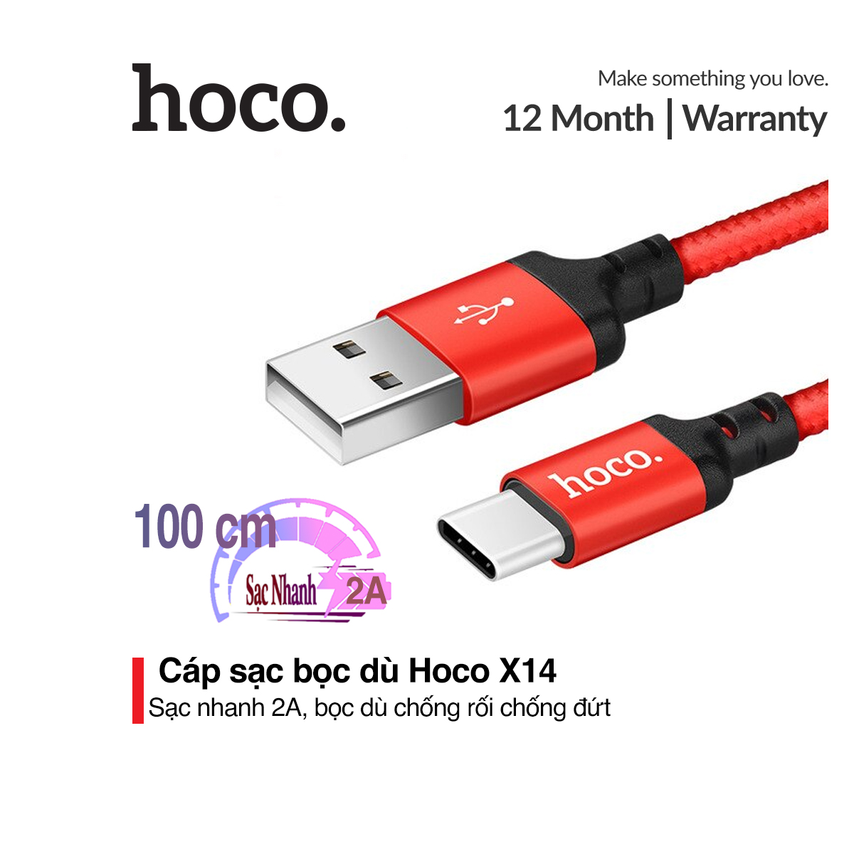 [HCM]Cáp sạc nhanh và truyền dữ liệu Type C Hoco X14 dài 1m-2m dành cho Samsung/Oppo/Huawei ( Hỗ trợ sạc nhanh 2A Max dây bọc dù chống rối )