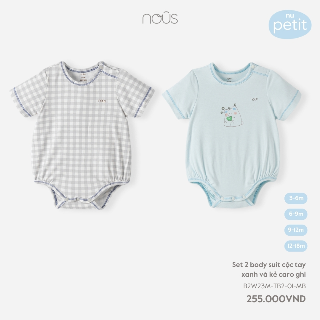 Set 2 bộ bodysuit Nous cộc tay phối màu in họa tiết đáng yêu dành cho bé từ 3-6 tháng đến 12-18 tháng