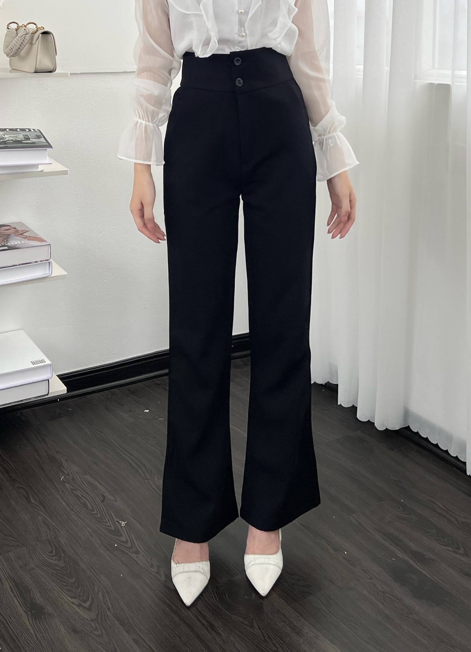 Quần ống loe nữ cạp cao phối 2 khuy - 247storefashion - q501_p0k31