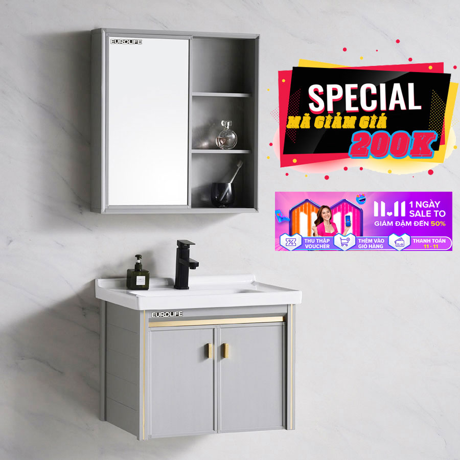[Trả góp 0%] Bộ tủ Lavabo chất liệu Nhôm Aluminium chịu nước Eurolife BLV-AL09 màu Xám nhạt ( Có video)