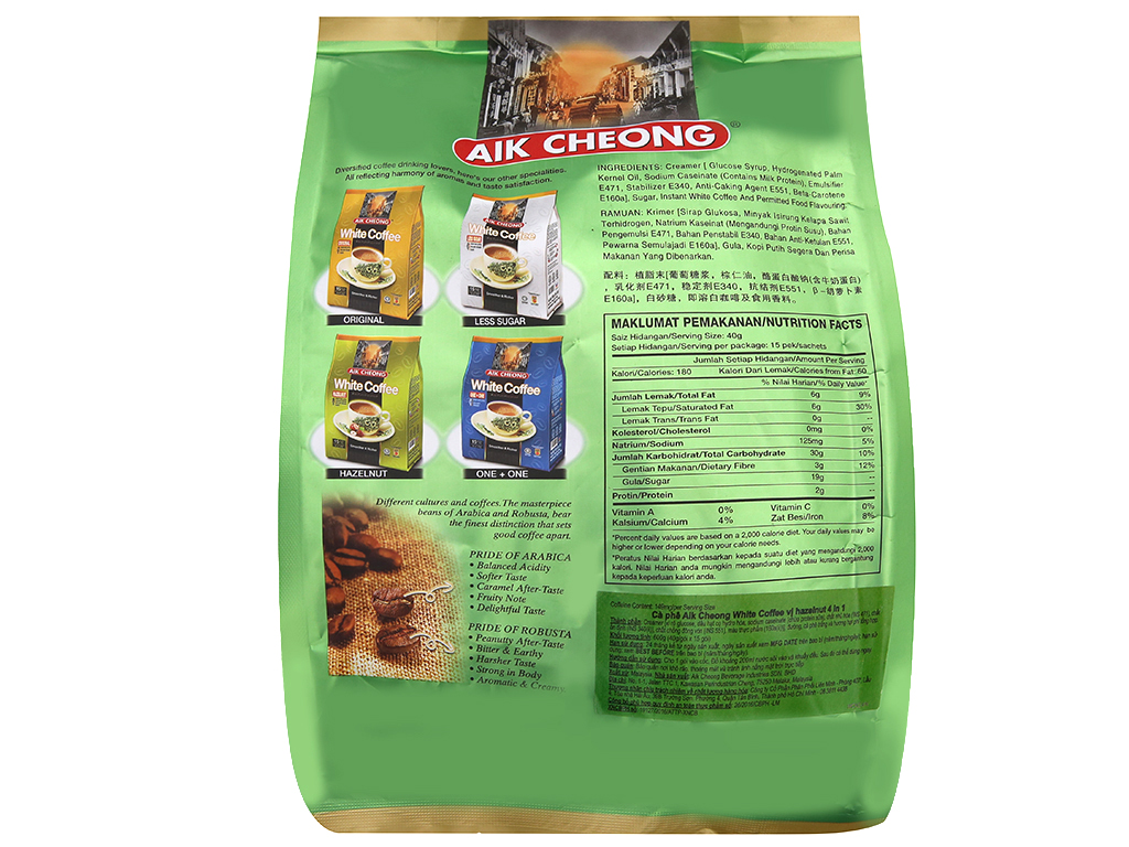 Cà phê sữa Aik Cheong White Coffee hazelnut 600g (15*40gr)