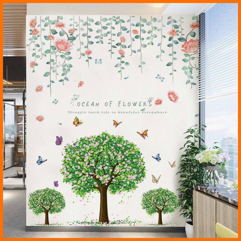 Decal dán tường tán hoa và ba cây xanh