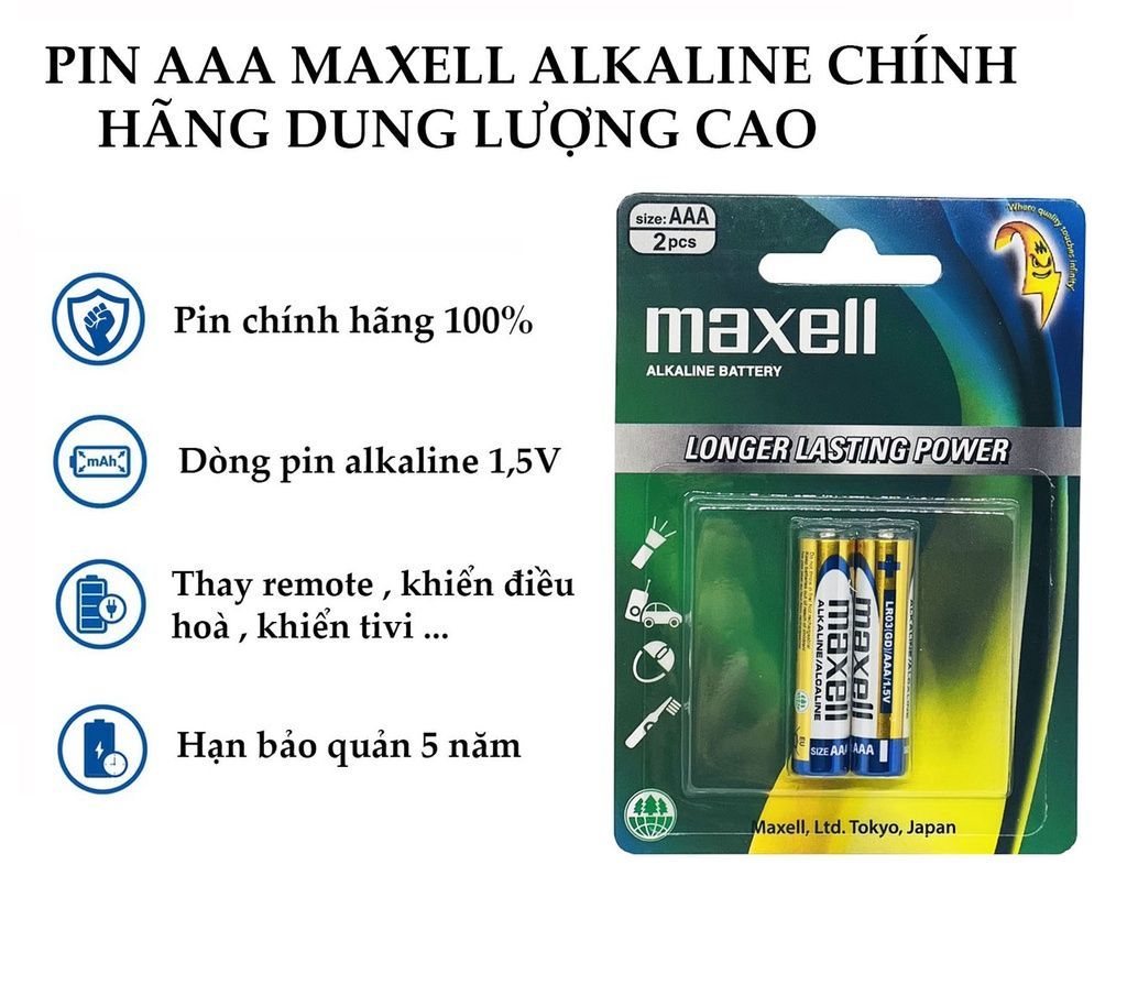 Pin AAA Maxell alkaline vỉ 2 viên LR03(GD)2B chính hãng