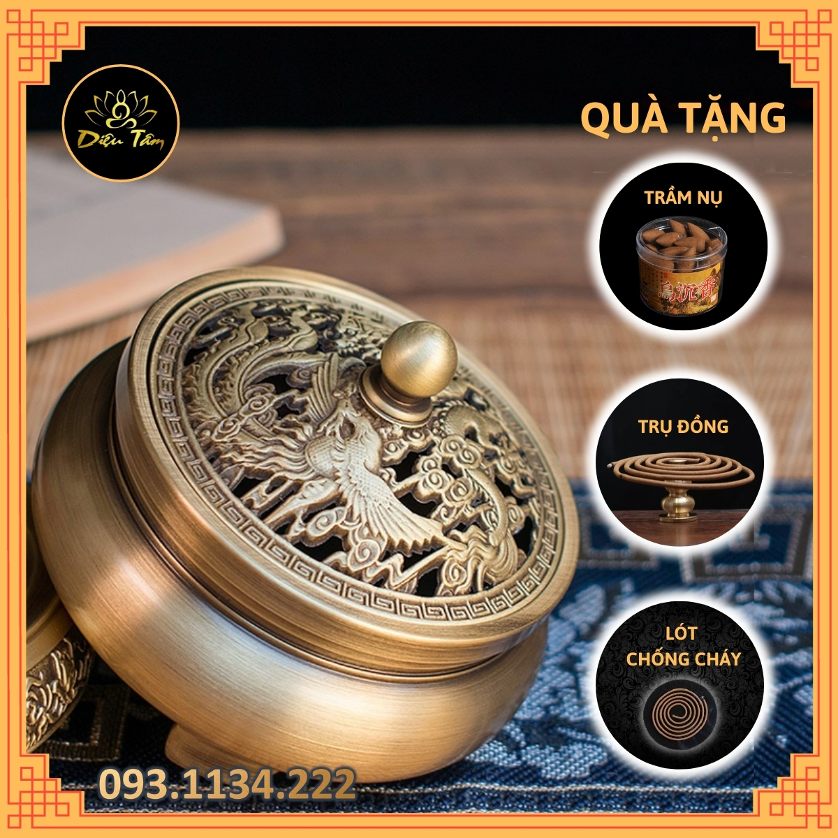 Lư xông trầm, lư đốt trầm hương bằng đồng 3 chân- Đốt trầm nụ, hương vòng, nhang, trầm bột lư thờ cúng đúc đồng nguyên khối dày dặn