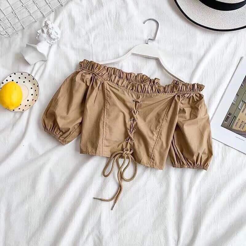 Áo croptop trễ vai đan chéo dây - MIN Boutiques - Ảnh thật - dưới 48kg mặc đẹp