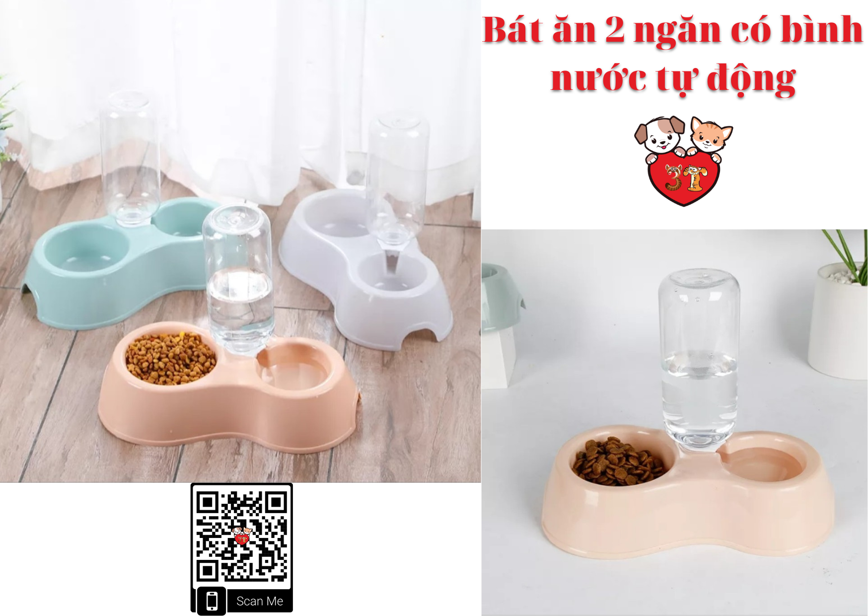 Bát ăn 2 ngăn có bình nước tự động dành cho chó mèo