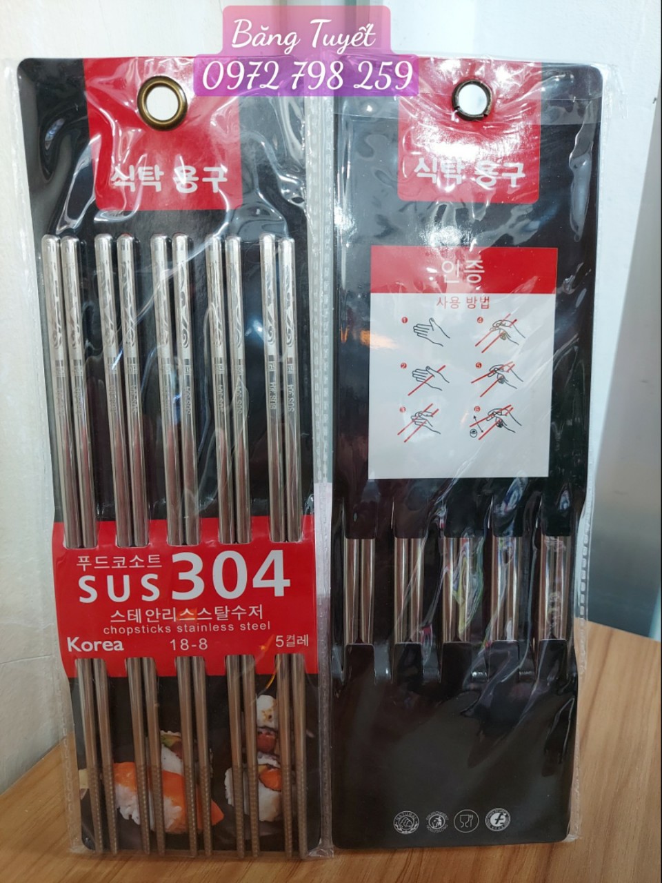 Sét 5 đôi đũa inox sus 304 cán vuông hàn quốc