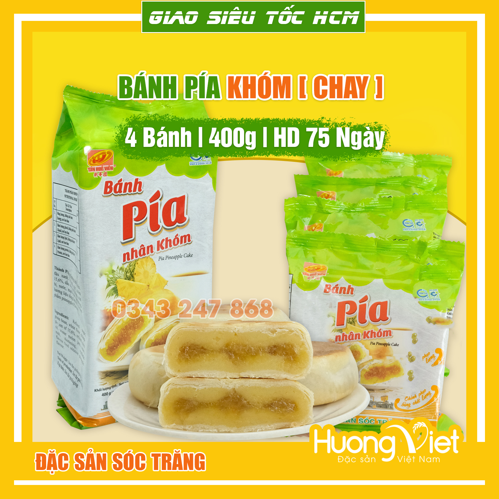 Bánh pía chay khóm không sầu riêng Tân Huê Viên, bánh pía Tân Huê Viên chay 400g