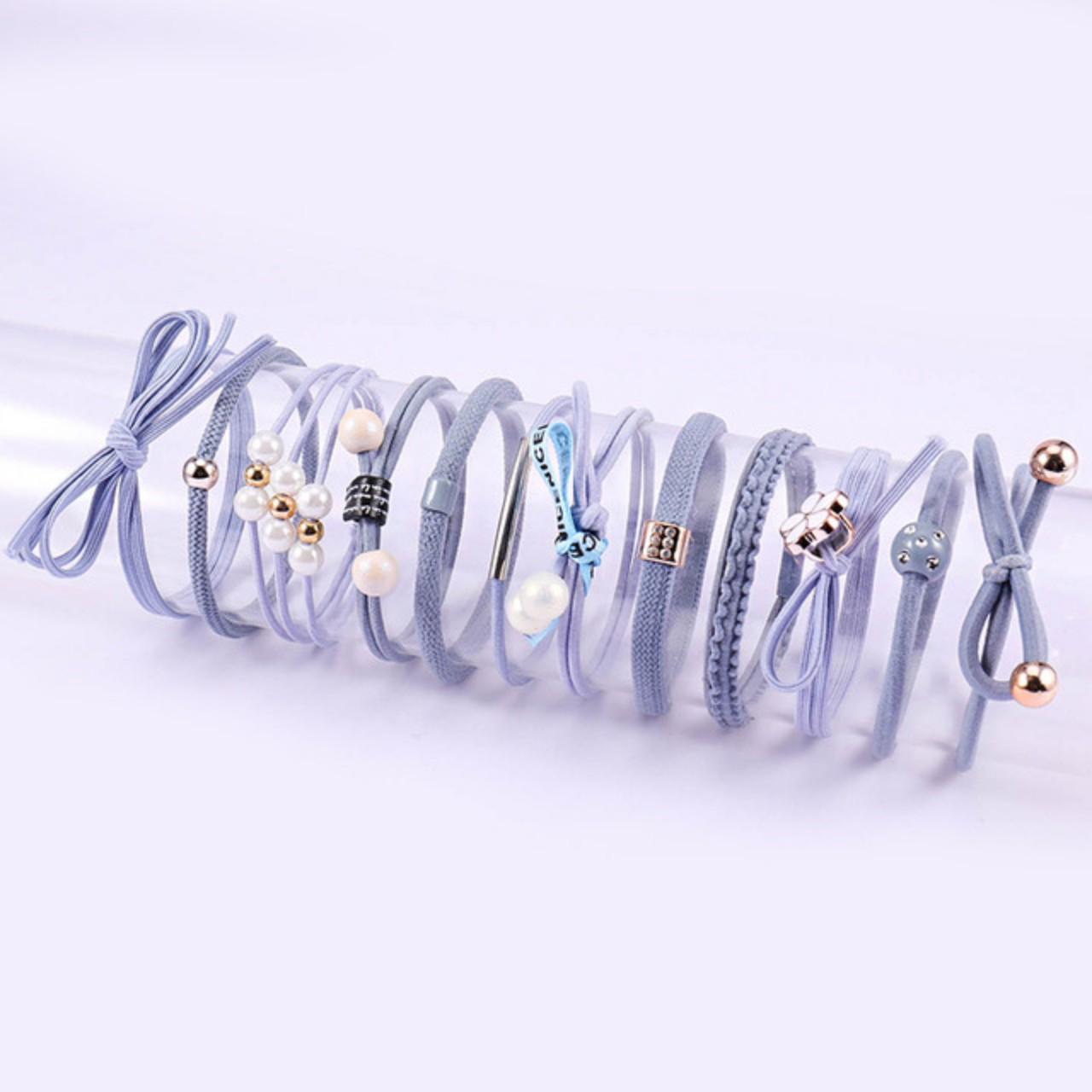 Bộ dây thun cột tóc Hàn Quốc 12 họa tiết ( Xanh nhạt - Gồm Hộp)