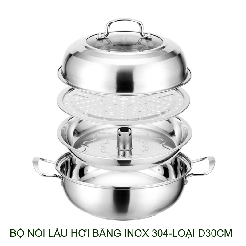 Bộ nồi lẩu hơi, nồi hấp đa năng bằng inox 304, đáy 3 lớp dùng được cho bếp từ
