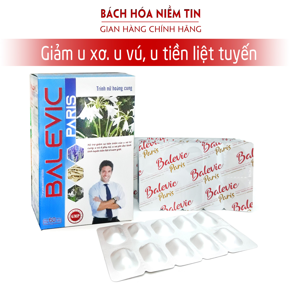 Viên uống BaleVic Paris - Trinh nữ hoàng cung, Hoàng kỳ, Xạ đen, Tam thất - Giúp giảm sự tiến triển của U xơ tử cung, U vú, U xơ tuyến tiền liệt - Hộp 60 viên - chuẩn GMP Bộ Y tế