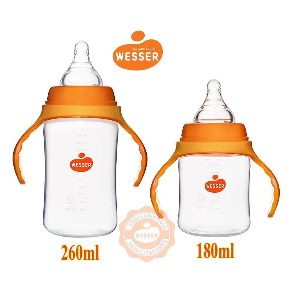 Bình Sữa Wesser Cổ Rộng PP Mẫu Mới (Viền Cam) 180ml - 260ml