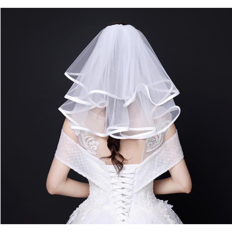 [HCM]Voan cài tóc cô dâu ngắn ngang vai hai lớp voan trơn trắng viền vải phi bóng giangpck mẫu voan cô dâu mới 10/2020