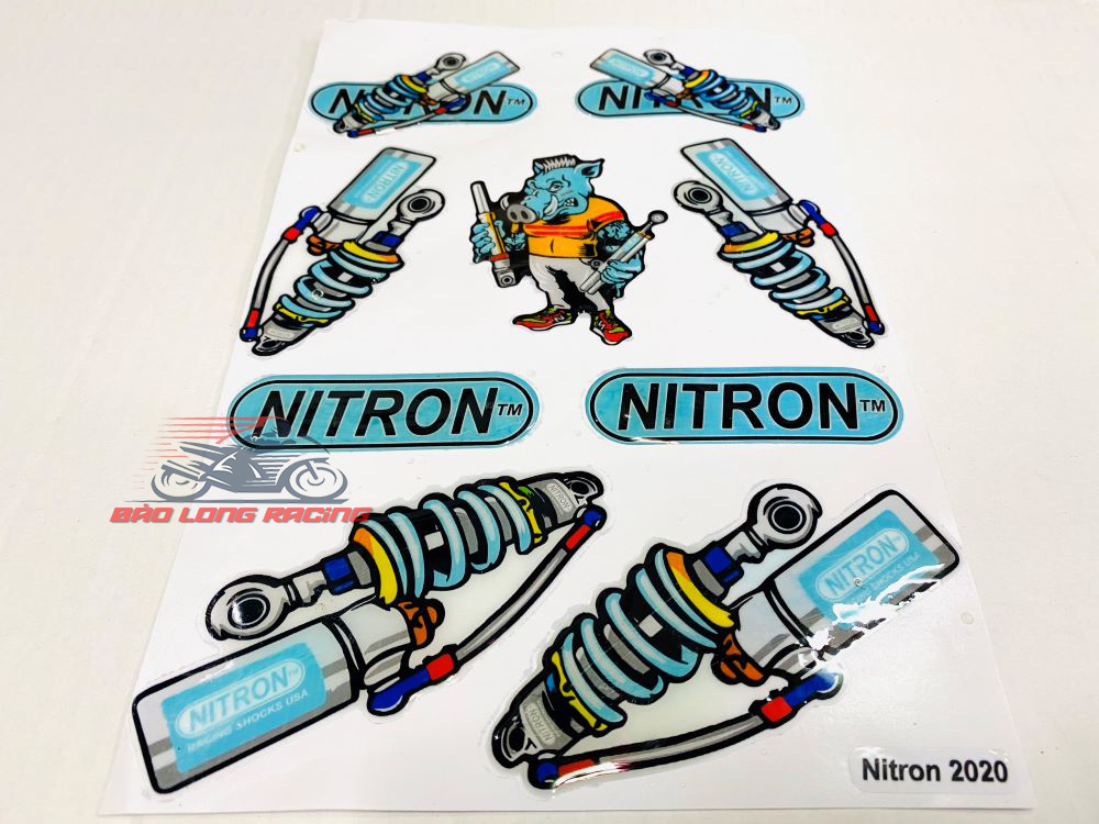 Tem Sticker deca  hình phuộc Nitron trang trí xe máy...màu Xanh