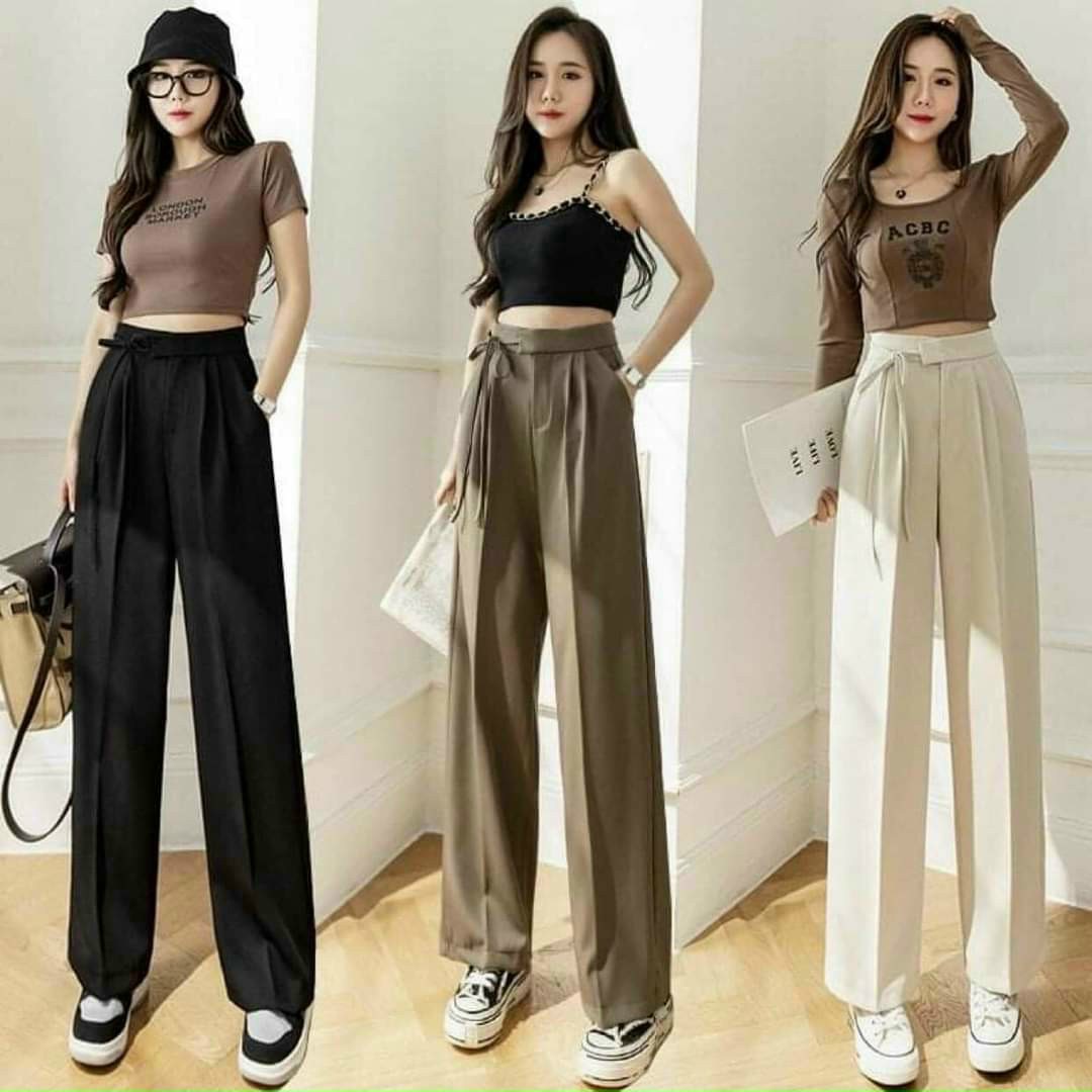 Quần ống rộng nữ lưng cao thắt dây nơ 1 bên quần culottes ống suông công sở dáng dài nhiều màu mặc đi học làm