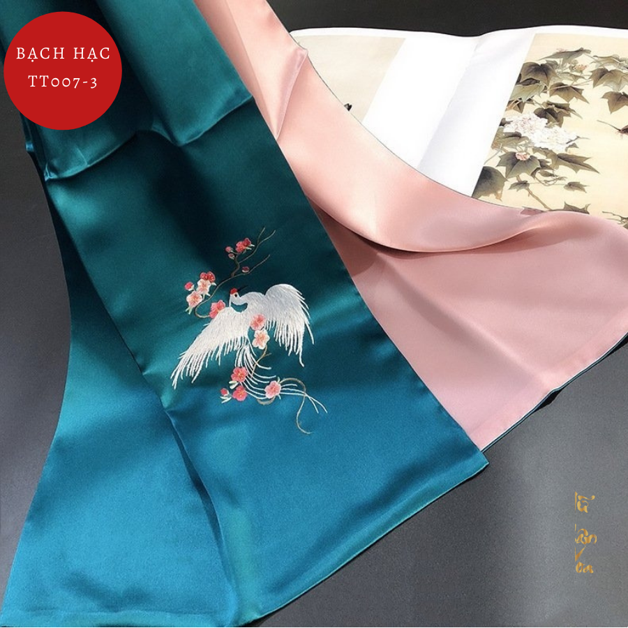Khăn Lụa Thêu Tay Cao Cấp Hoạ Tiết Chim Bạch Hạc