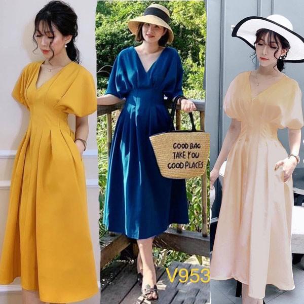 [HCM]Đầm xếp ly bó eo cổ V