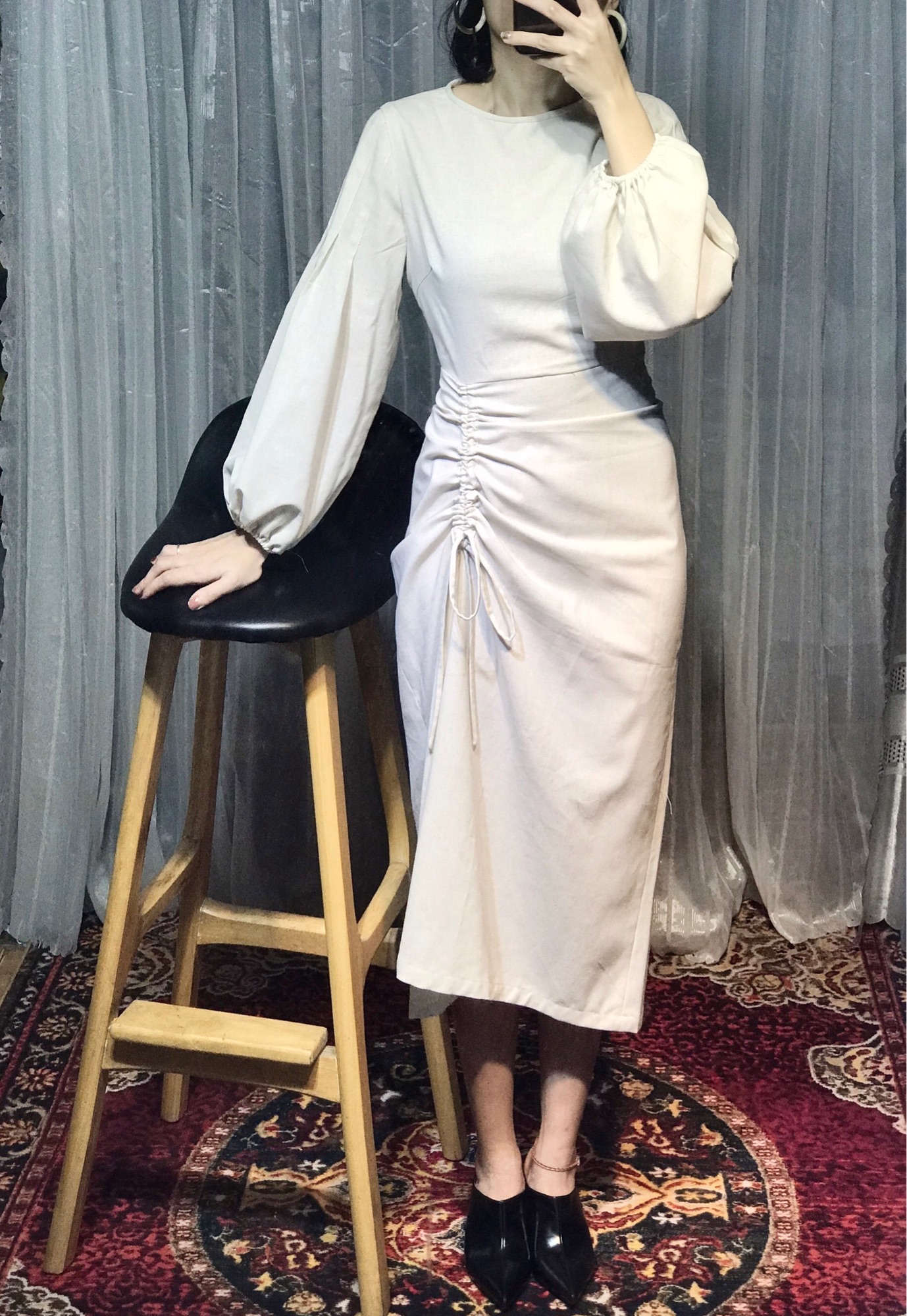 Đầm tay dài rút nhún vải Linen