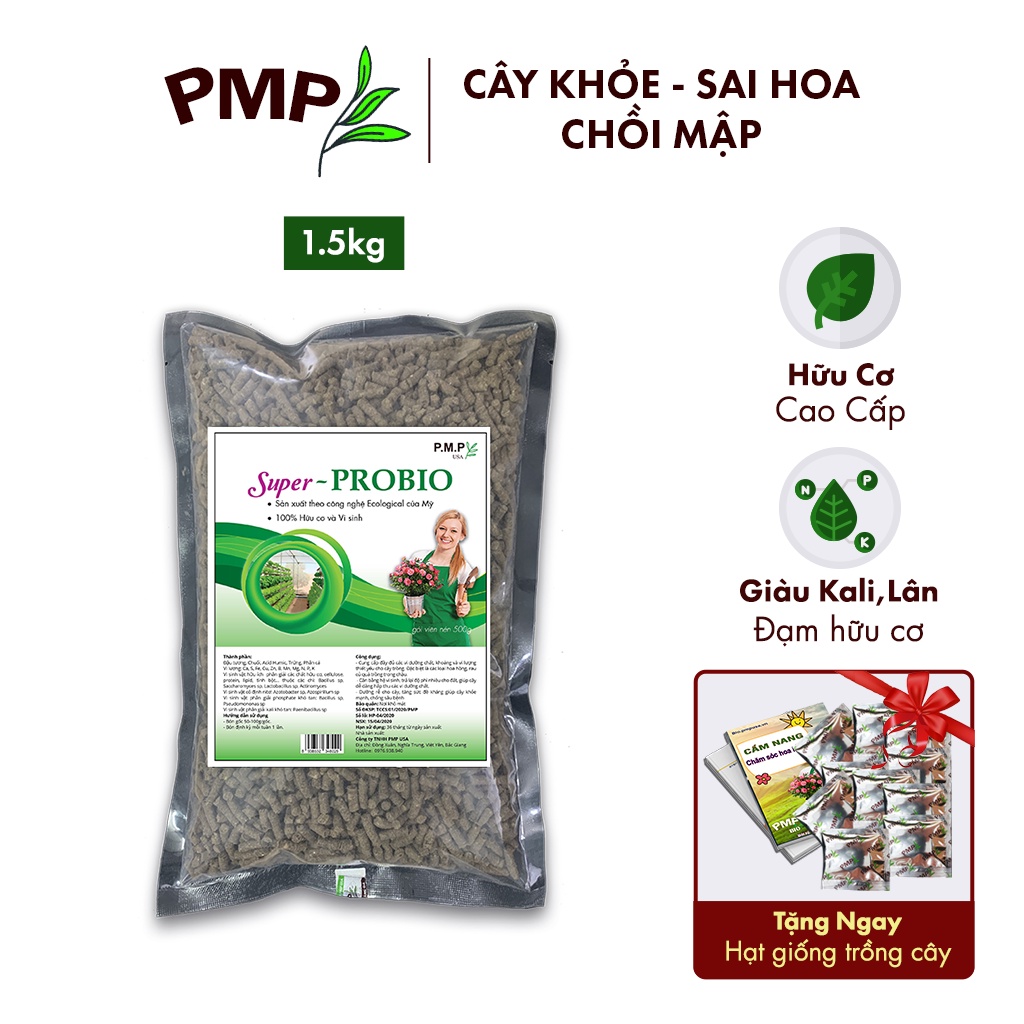 Phân Bón Hữu Cơ Vi Sinh Super Probio PMP Dạng Viên Nén, Chuyên Dụng Cho Hoa Hồng, Rau Củ Quả 1,5Kg