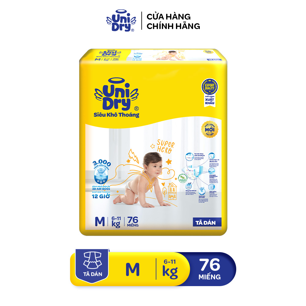 [HỎA TỐC 2H] Tã dán UniDry Siêu khô thoáng gói Super Jumbo mới size M76/L68/XL62