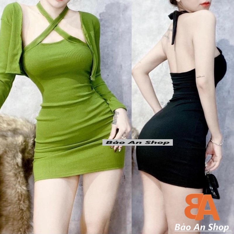 Sét bộ nữ 2 món đầm gân + áo khoác