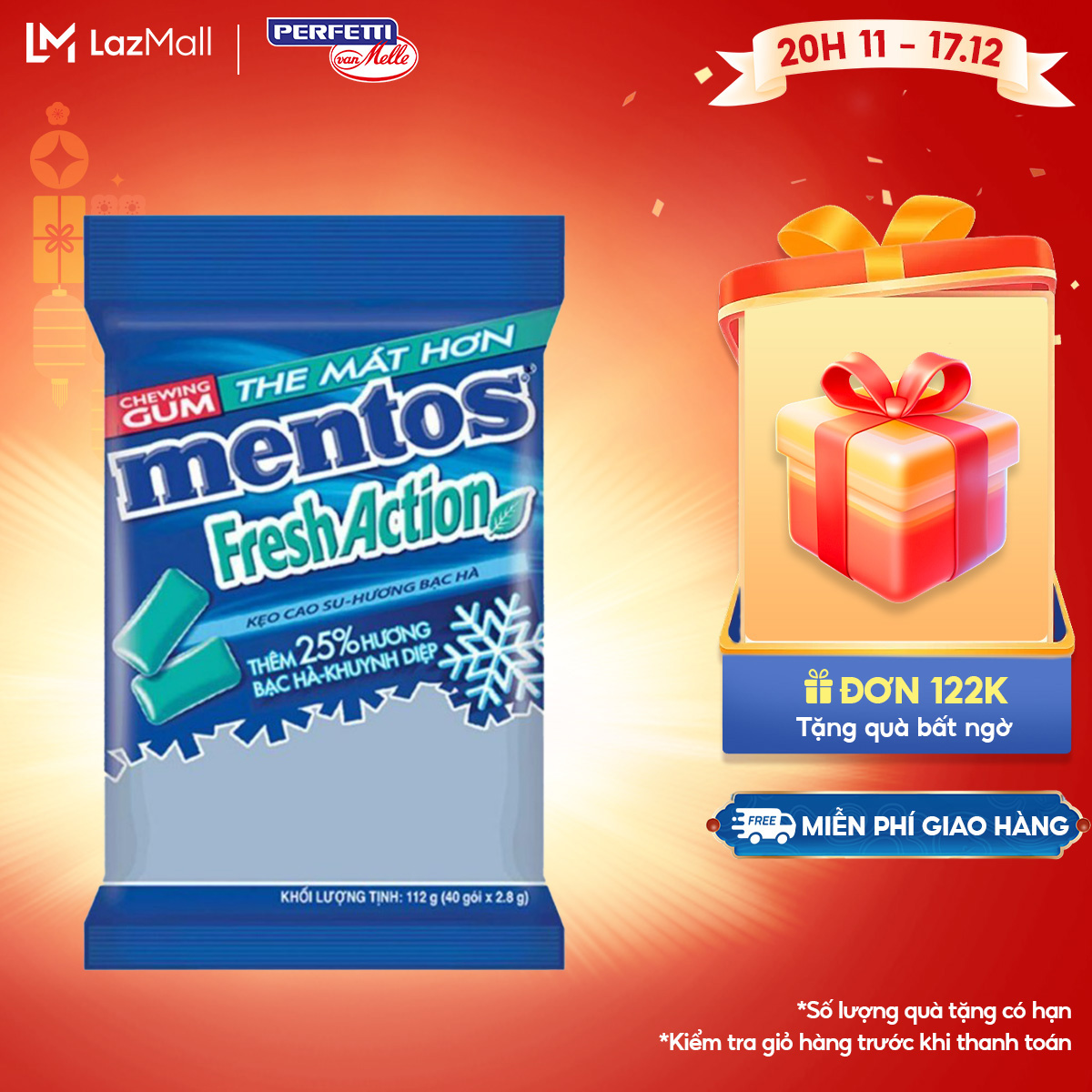 Sing gum Mentos Fresh Action hương bạc hà mạnh (Gói 40 viên)