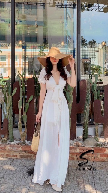 [HCM][FREESHIP] Đầm Maxi Trắng Vàng Váy Maxi Đi Biển