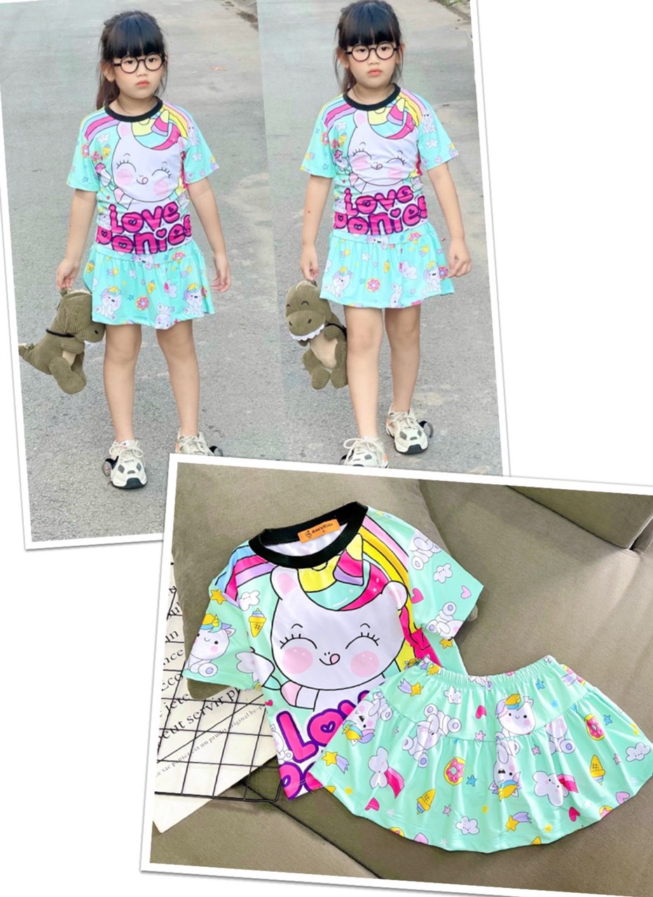 (11-21kg) đầm váy bé gái áo và chân váy có quần trong, thun lạnh 3D mềm mịn mát bền đẹp (703)