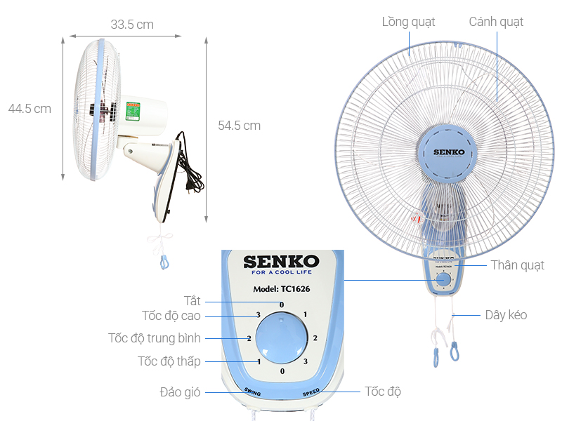 Quạt treo tường 2 dây Senko TC1626