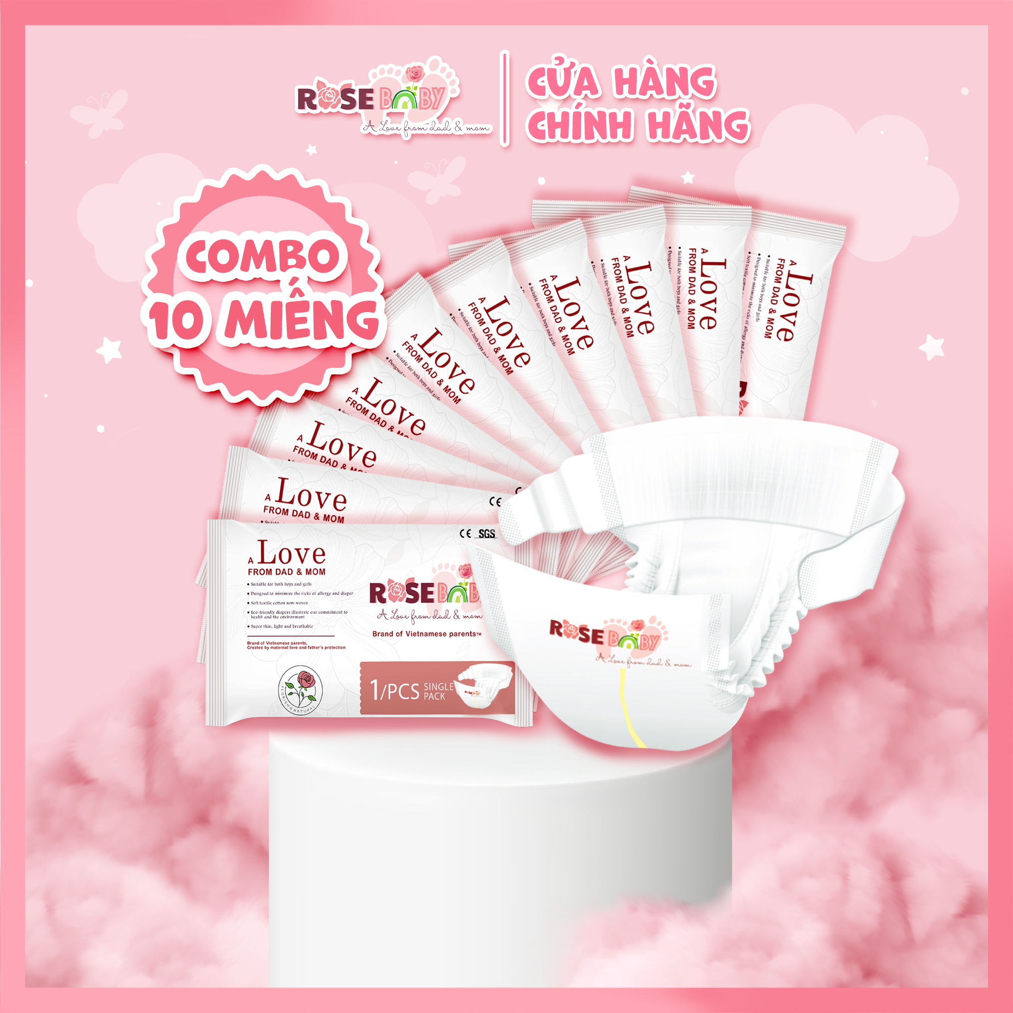 Tã Dán ROSE BABY (Set 10 miếng) dùng thử đủ size NB/S/M/L