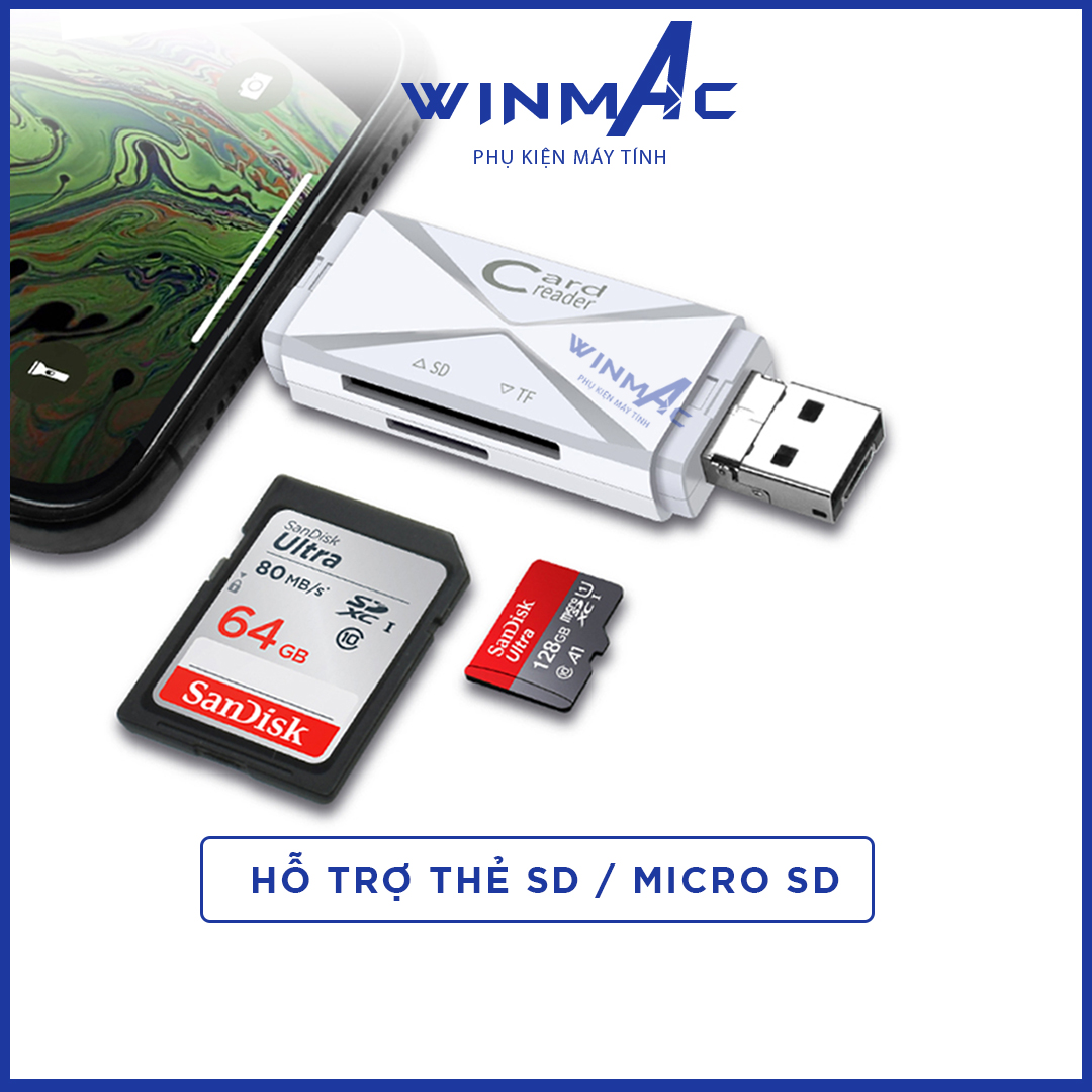 Đầu Đọc Thẻ Nhớ iPhone, Android, Máy tính - Hỗ trợ thẻ SD/Micro SD - Cổng USB / Lightning / Micro USB - Winmac