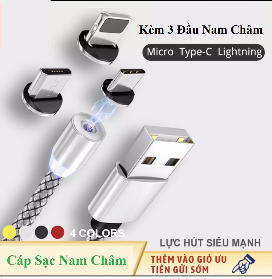 Dây Cáp Sạc Nam Châm Kèm 3 Đầu sạc Lighting Type C Micro Usb