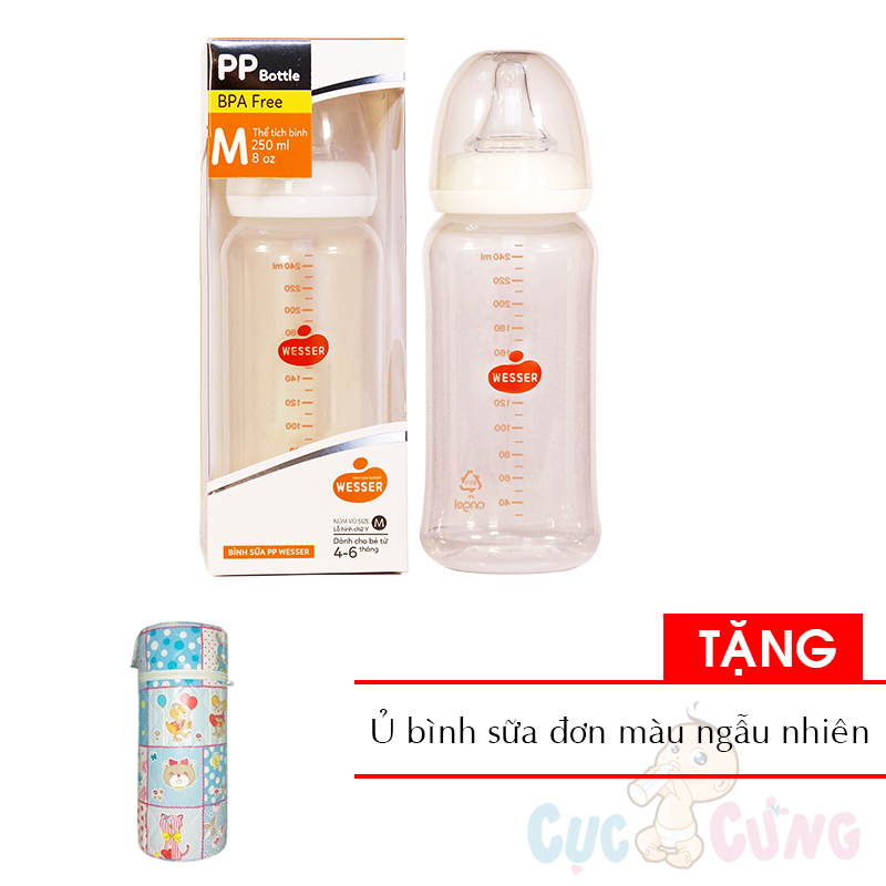 Bình sữa Wesser cổ nhỏ nhựa PP 250ml Tặng ủ binh sua đơn màu ngẫu nhiên