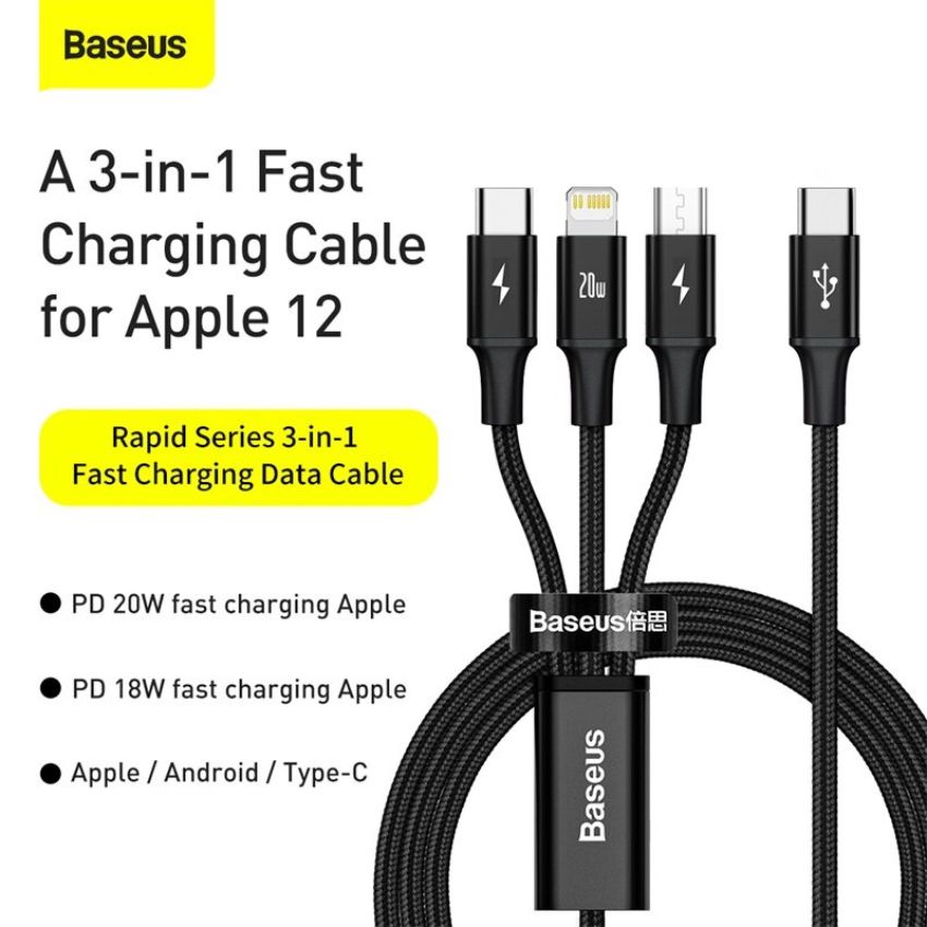 Cáp sạc nhanh 20W 3 đầu Baseus Rapid Series 3-in-1 (Type C to Type C/ Lightning/ Micro USB, Fast Charging & Data Cable)