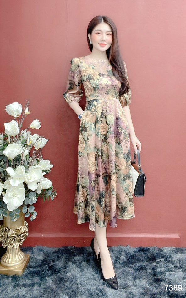 Đầm EMY EM7389 Xoè Lụa Vân Pháp LVP Tay Lỡ